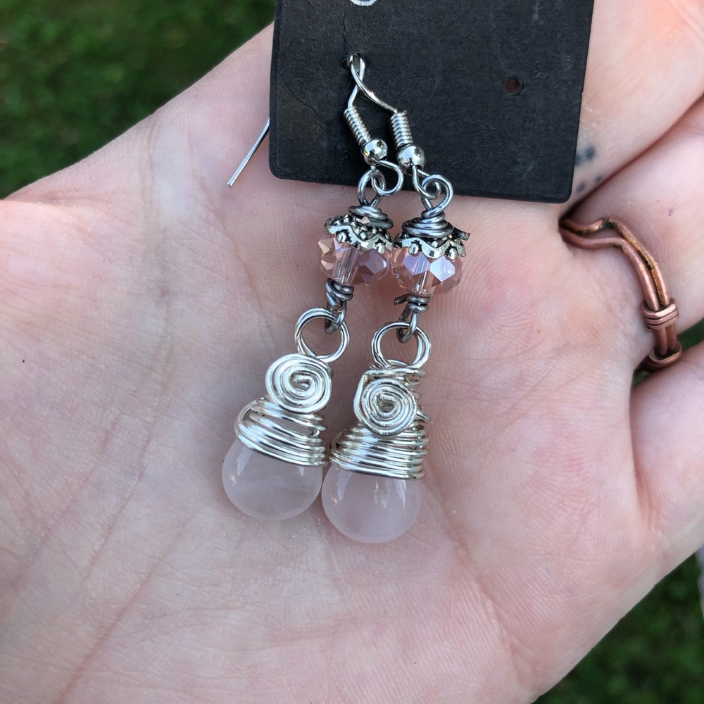 Wire Wrapped Rose Quartz Briolette Dangle Earrings - Handmade - Picture 4 of 10